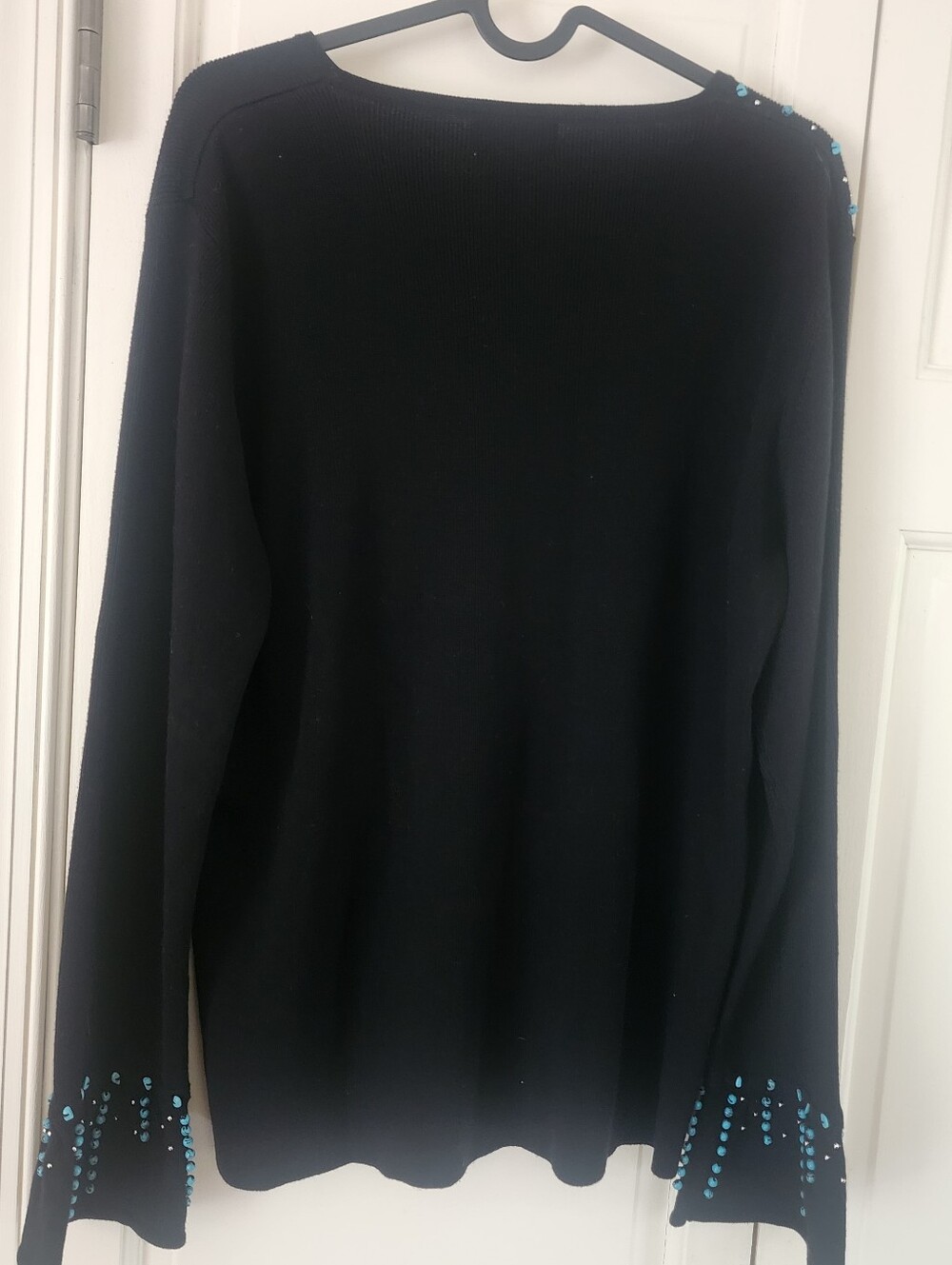 Black V-Neck Sweater with Turquoise Beaded Star Accents - Picture 6 of 6